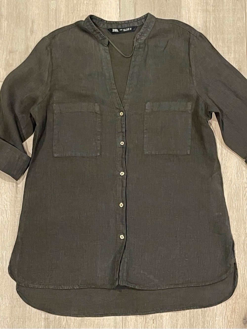 Zara 100% Linen Dark Olive Green Oversized Button Front Tunic Blouse Small